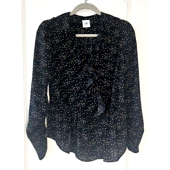 Cabi Blouse Black w/ Colorful Tiny Hearts, Peplum, Ruffles Neckline, Snaps,‎ Sm. - Picture 1 of 10